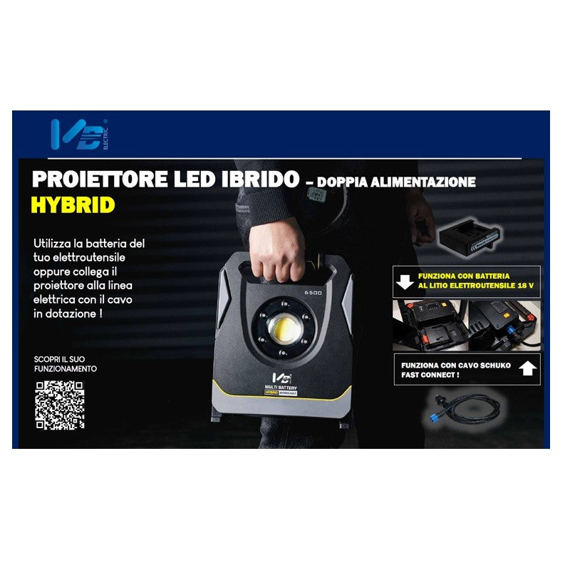Faretto ibrido portatile BASIC doppia alimentazione a batteria o corrente led 65W 6500 LUMEN IP65 cod. VB-LD65W-MB - Attrezzaturificio