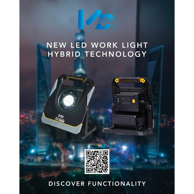 Faretto ibrido portatile BASIC doppia alimentazione a batteria o corrente led 65W 6500 LUMEN IP65 cod. VB-LD65W-MB - Attrezzaturificio